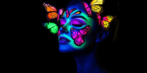 Fashion model woman in neon light, portrait of beautiful model girl with fluorescent makeup, Body art design in UV, painted face, colorful make up, over black background