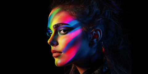 Fototapeta premium Fashion model woman in neon light, portrait of beautiful model girl with fluorescent makeup, Body art design in UV, painted face, colorful make up, over black background