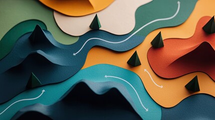 Map atlas concept. A vibrant paper cut landscape showcasing mountains, rivers, and forests in vivid colors.