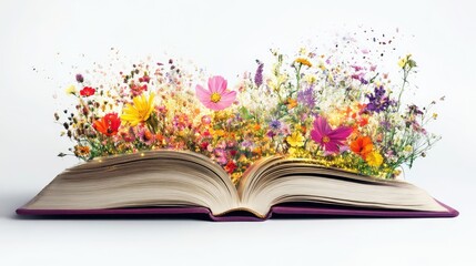Open book with fantastic levitation glowing colorful flowers splash on white background, beautiful, World book day, knowledge and creativity concept, spring, summer mood.