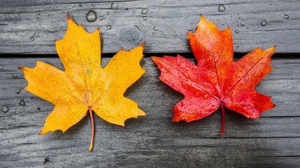 A close-up of a red and yellow autumn leaf pair resting on weathered wood, freshly soaked by rain. The contrast of colors and textures captures the essence of fall and the beauty of nature.. AI
