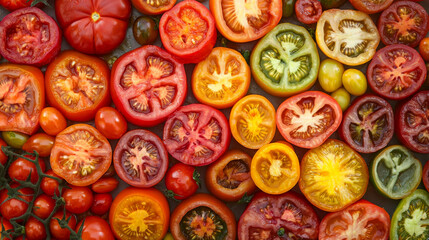 Fototapeta premium Fresh tomatoes in various colors and types create vibrant display