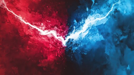 Naklejka premium Opposition concept represented by a lightning bolt, with red and blue colors denoting a confrontation or struggle.