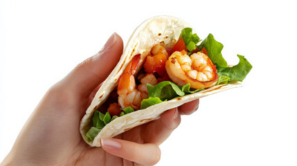 Hand holding shrimp taco filled with fresh ingredients and greens