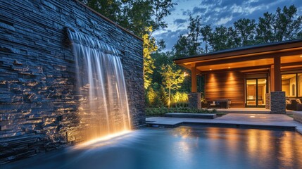 Modern Home with Waterfall and Pool at Dusk