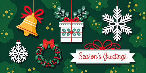 Festive Christmas Design Hanging Ornaments Wreath Gift Snowflakes Bell Season s Greetings Banner
