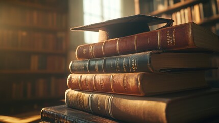A low-angle shot of a stack of modern and antique books with a graduation cap resting at the top, illuminated by a golden-hour sunlight streaming through a nearby window, highlighting the textures of 