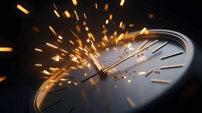 Close-up of clock face with sparks exploding from hands.