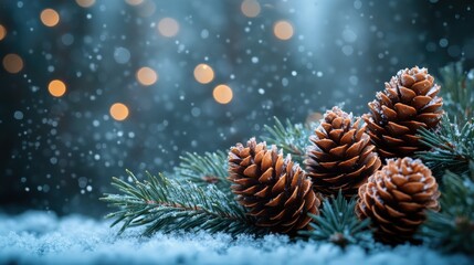 Cozy Winter Scene with Pine Cones and Evergreen Branches for Christmas Greeting Card