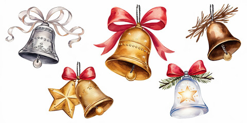Festive Watercolor Christmas Bells Gold Silver Red Bows Stars Holiday Decor Winter