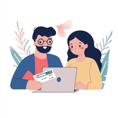 couple sits together with a laptop