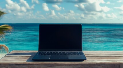 A sleek laptop sits on a wooden surface with the tranquil ocean and blue sky in the background. The peaceful setting captures the perfect blend of technology and nature, ideal for remote work or