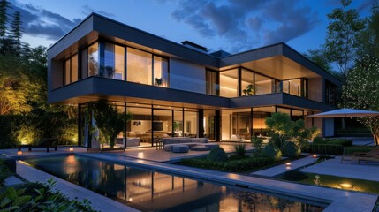 Fototapeta premium A modern villa illuminated at night, showcasing minimalist architecture with large glass walls. The patio includes a stylish seating area and is surrounded by vibrant plants. Ultra-detailed