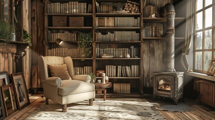 A rustic cabin library with reclaimed wood shelves, a vintage leather armchair