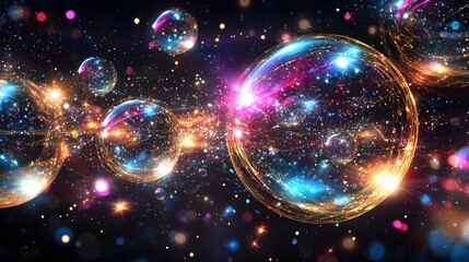 Colorful glowing orbs and particles in space, abstract background.