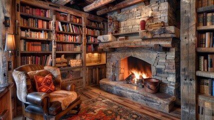 A rustic cabin library with wooden shelves, a stone fireplace
