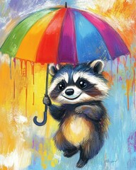 Cheerful raccoon with rainbow umbrella art