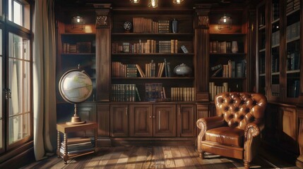 A rustic library with reclaimed wood shelves, a comfortable leather chair