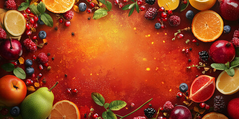 Fruits and vegetables food background spices ingredients berries banner from above fruit 