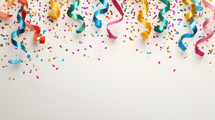 Obraz premium Colorful ribbons and confetti on white background.