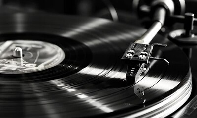 Close-up of spinning vinyl record on turntable with tonearm