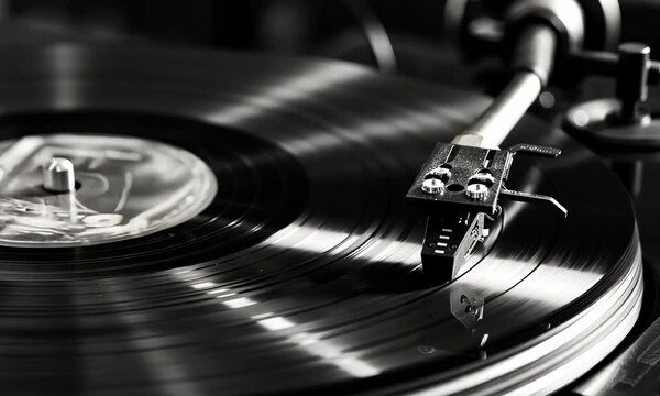 Close-up of spinning vinyl record on turntable with tonearm