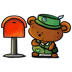 Postman bear cartoon cute illustration, textured color and doodle drawing, cartoon animal postman