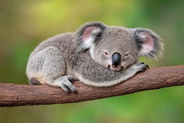 Fototapeta premium Adorable Baby Koala Curled Up on Eucalyptus Branch in Natural Setting