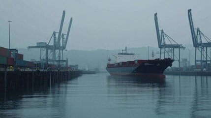 Fototapeta premium Large cargo ship anchored inharbor during port strike,surrounded by empty docksand cranes, symbolizinghalted operations andeconomicimpact.