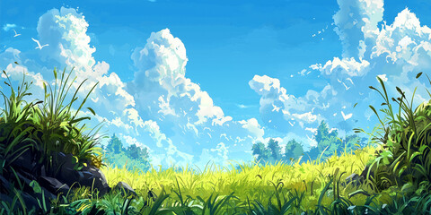 Grass banner with blue sky background