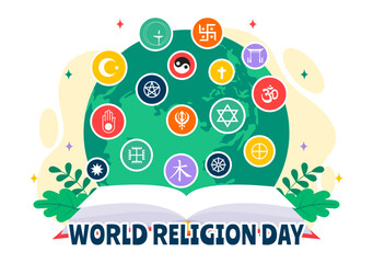 World Religion Day Vector Illustration on 17 January with Symbol Icons of Different Religions to Unity and Respect Among All Beliefs in a Background