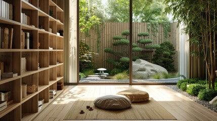 A serene library with bamboo shelves, a zen garden