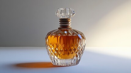 Amber Perfume in Crystal Decanter on White Surface