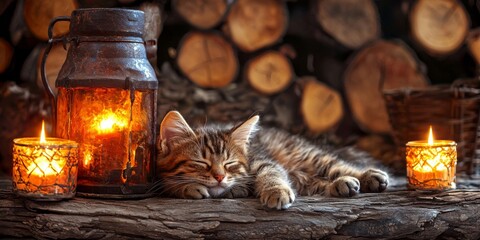 Cozy Kitten Sleeping by Lantern and Candles Rustic Home