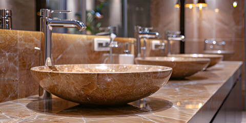 A row of elegant stone sinks with modern faucets in a luxurious bathroom, emphasizing the clean lines and natural materials.