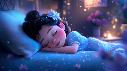 A dreamy and heartwarming illustration of a young girl peacefully sleeping under the soft glow of starry lights. The tranquil scene evokes a sense of calm and wonder, perfect for storytelling or