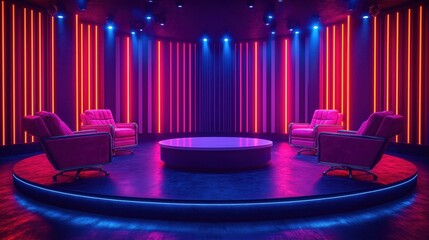 Empty talk show set ready for vibrant discussion. Stylish pink chairs, round table highlighted by bright stage lights in lively studio ambiance. Ideal for talk shows game shows. Modern, engaging