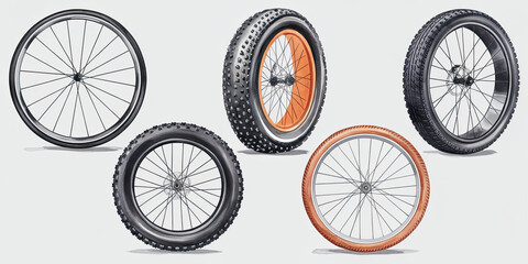 Fototapeta premium Bicycle Wheels Collection Road Mountain Fat Bike Tires
