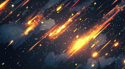 Fototapeta premium Abstract fiery streaks and glowing particles across a dark, cosmic canvas.