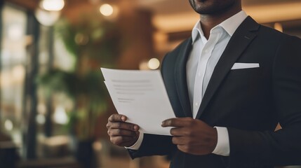 Elegant professional in tailored suit,standing confidently with a resume inhand, against a clean, minimalist officebackground with ample copy space