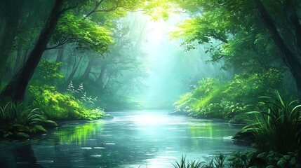 Obraz premium Sunlit stream flows through lush green forest, misty atmosphere.