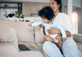 Obraz premium Mother, baby and laptop for watching in home, streaming cartoon and online comedy in lounge. Mama, infant care and wireless network for funny animation on weekend, bonding and laughing together
