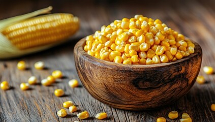 Fresh Corn Kernels in a Wooden Bowl