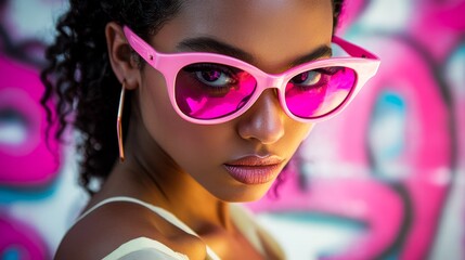 Vibrant Urban Fashion Portrait: Stylish Woman in Pink Sunglasses with Graffiti Background in Pop...