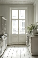 White Kitchen With Antique Cabinets And Large Window