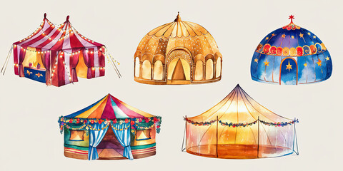 Obraz premium Watercolor Circus Fairytale Tents Domes Marquees