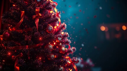 Christmas tree decorated with colorful ornaments and ribbons, shining on a blurred background. Perfect for festive decoration and Christmas atmosphere