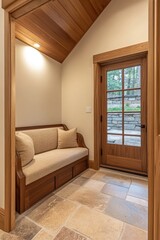 Obraz premium Wooden Built In Bench With Cushions Near Door