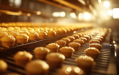 Golden Hour in the Bakery: Rows of freshly baked muffins travel along a conveyor belt, glistening under warm light. A delicious journey!