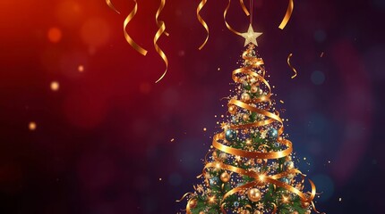 Christmas tree decorated with colorful ornaments and ribbons, shining on a blurred background. Perfect for festive decoration and Christmas atmosphere